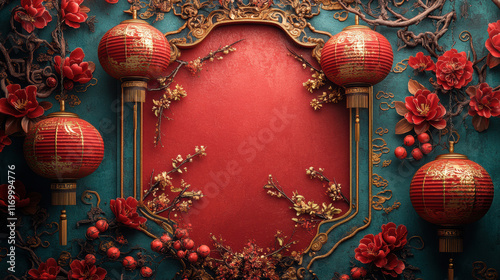 vibrant red and gold Chinese New Year greeting card design featuring lanterns and flowers, evoking festive joy and celebration photo