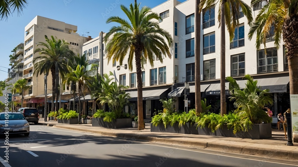 Obraz premium Urban Scene Featuring Bangalow Palms Merging Nature with Contemporary Architecture
