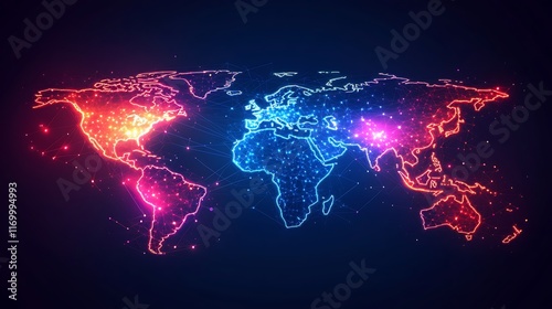 A digital representation of global connectivity, glowing points and lines forming a world map, holographic layers over a dark tech-themed background, vibrant neon hues with cinematic lighting,