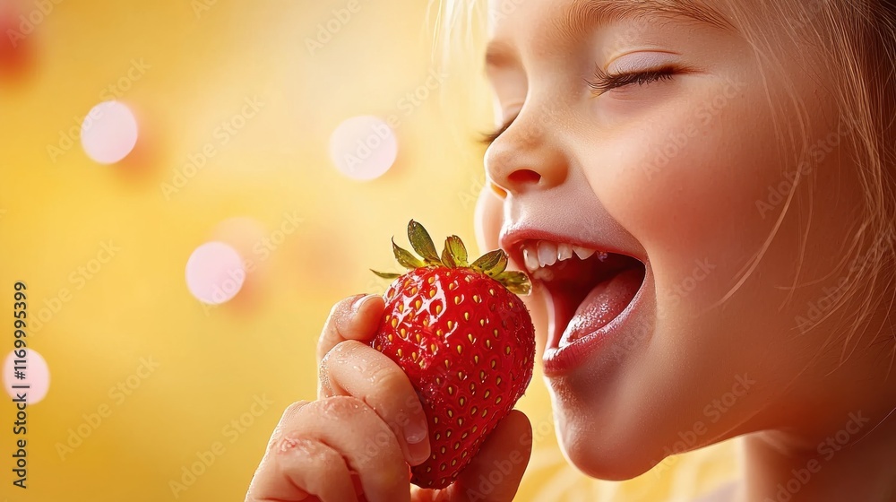 Closeup action of a person biting into a ripe strawberry in a lively setting food photography warm environment eye-level perspective Closeup action of a person biting into a ripe strawberry in a lively setting food photography warm environment eye-level perspective
