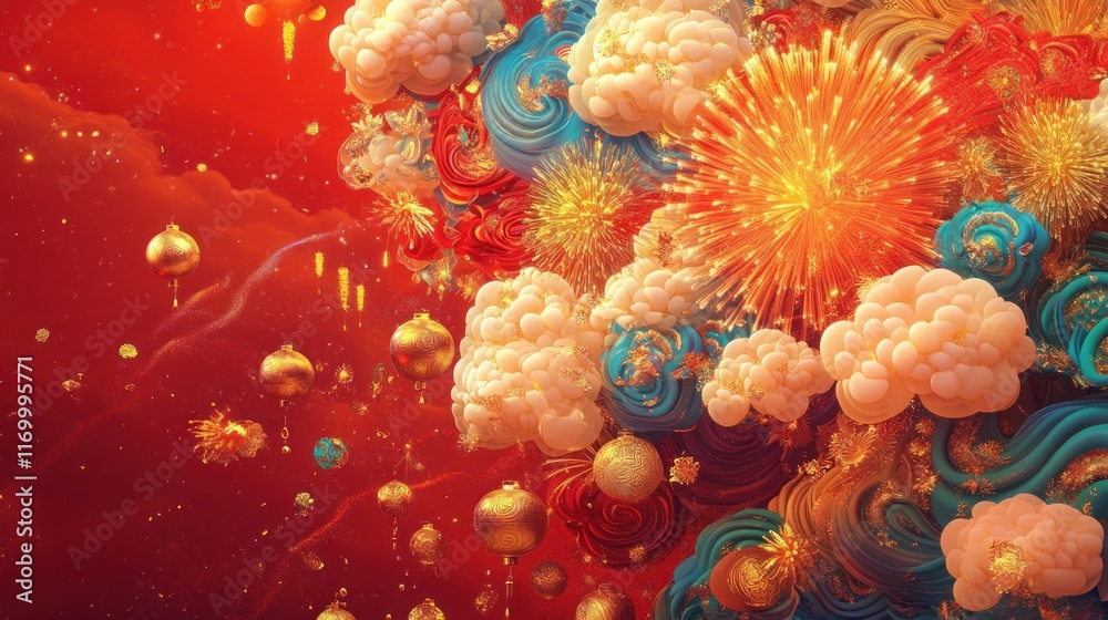 Obraz premium A cheerful Chinese New Year design with a bright red backdrop, golden ornaments, swirling clouds, and colorful fireworks, rendered in a soft, detailed 3D style