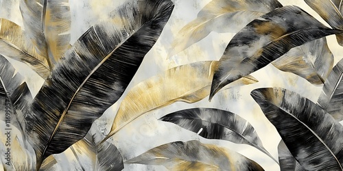 Tropical Banana Leaves Watercolor Design,  White Background, Gold Accents, Seamless Pattern.