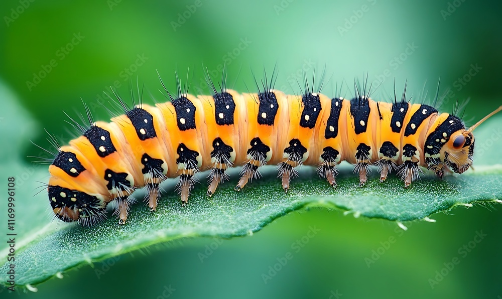 Fototapeta premium Colorful caterpillar crawling on a green leaf.