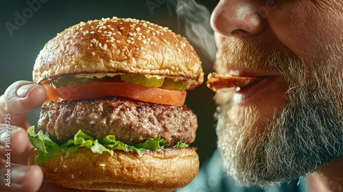 Savoring a juicy burger closeup restaurant food photography indoor setting personal perspective culinary delight photo