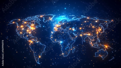 A futuristic representation of global connectivity, glowing dots and lines creating a radiant world map, surrounded by holographic digital panels, deep blue and neon tones with cinematic lighting, photo