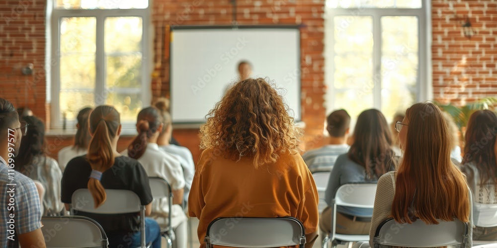 Obraz premium Young People Attending a Seminar in an Urban Setting with Focused Expressions and Captivating Presentation on a Screen