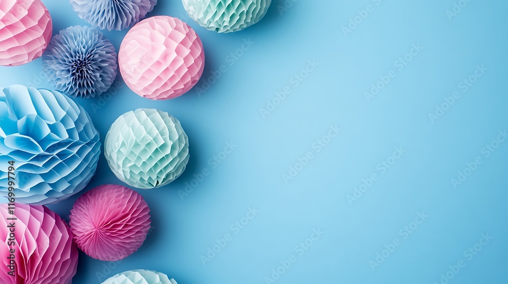 Obraz premium Pastel paper pom poms arranged on a blue background