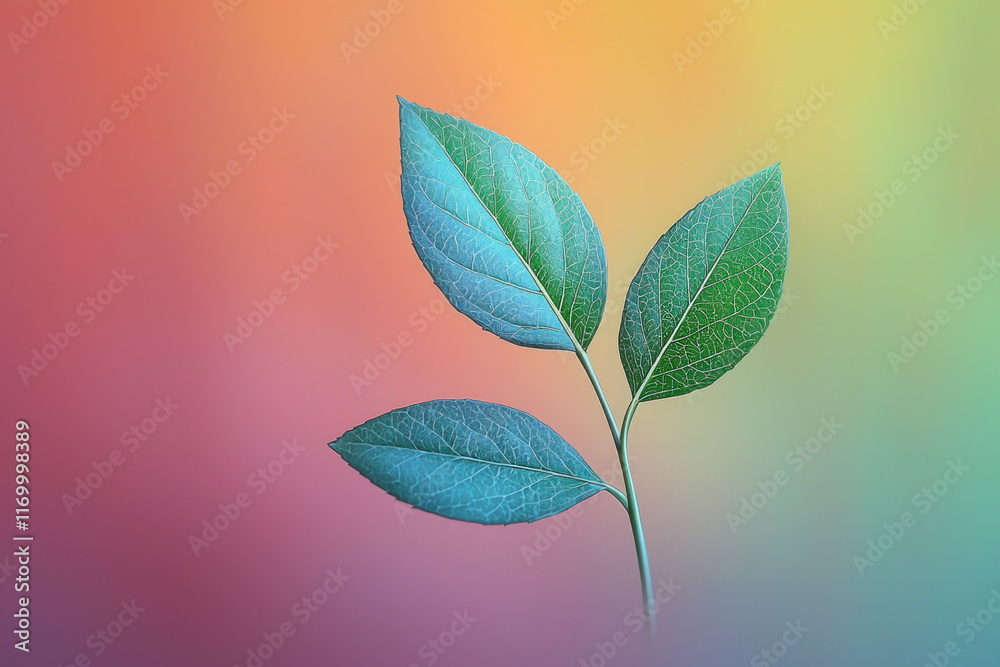 Teal leaves on a stem against a vibrant multicolored background. Teal leaves on a stem against a vibrant multicolored background.