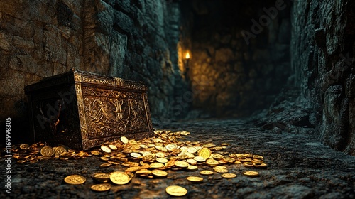 Chest full of gold coins in a dungeon. photo
