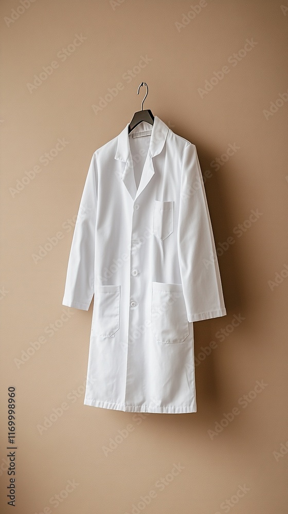 Clean white lab coat hangs on wall on hanger. Clean white lab coat hangs on wall on hanger.