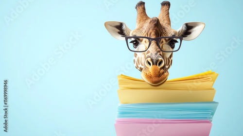 Obraz na płótnie A whimsical giraffe wearing glasses peeks over colorful stacked papers against a light blue background. w salonie
