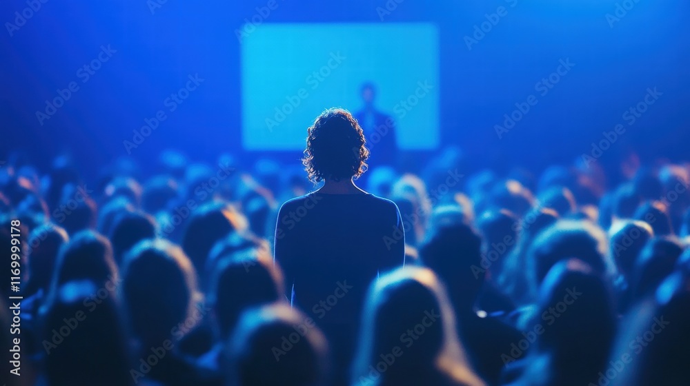 Obraz premium Large Crowd of People at an Event with One Person Standing Out in Front of a Darkened Audience in a Concert or Conference Setting