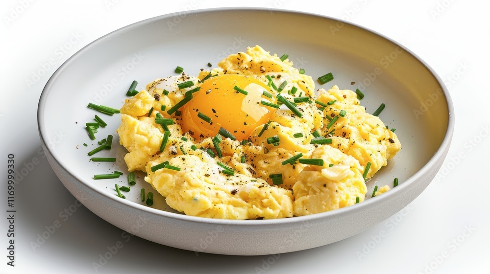 69. Plate of fluffy scrambled eggs with herbs, freshly cooked, Isolated, White background, Editorial Photography, Studio lighting, Magazine foods style 69. Plate of fluffy scrambled eggs with herbs, freshly cooked, Isolated, White background, Editorial Photography, Studio lighting, Magazine foods style