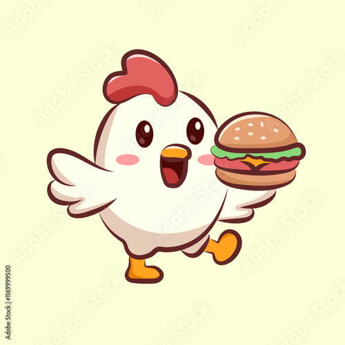 cute cartoon character chicken with one legs is run bring a burger. animal cartoon logo for elements, sticker