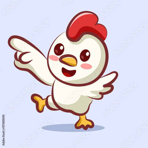 Cute cartoon chicken character with hand pointing up