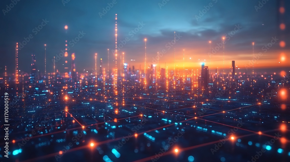 Fototapeta premium A high-tech urban landscape at dusk, glowing trade route paths illuminating the sky like constellations, futuristic city skyline with reflective glass and neon highlights, photorealistic lighting,