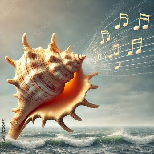 Wind Blowing Notes from a Conch Shell Show a conch shell produci photo