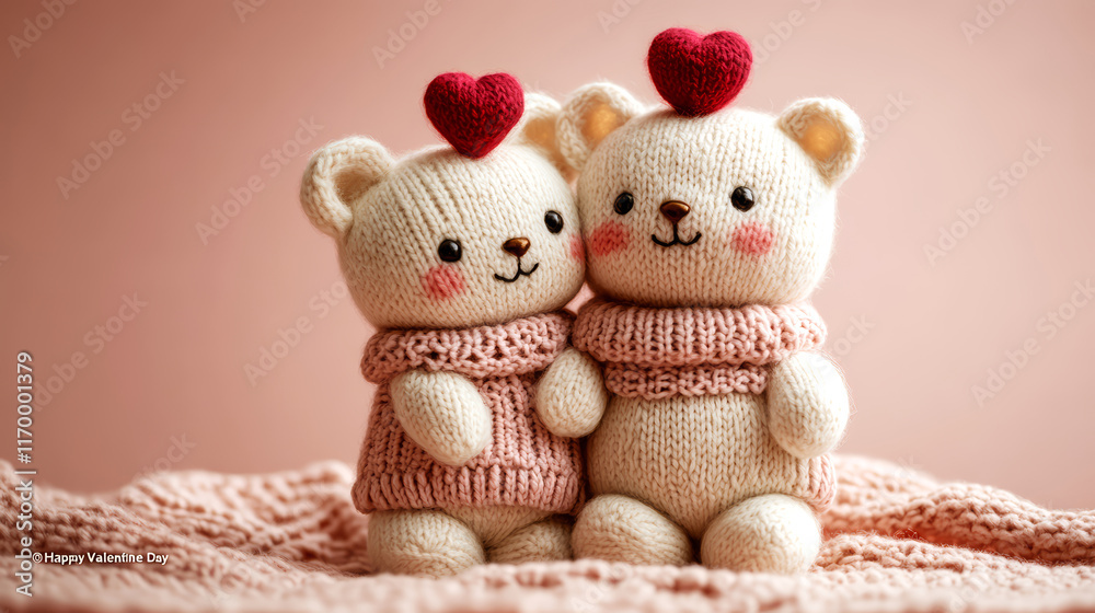 Two cute white bears in knitted hats with hearts on pink background Two cute white bears in knitted hats with hearts on pink background