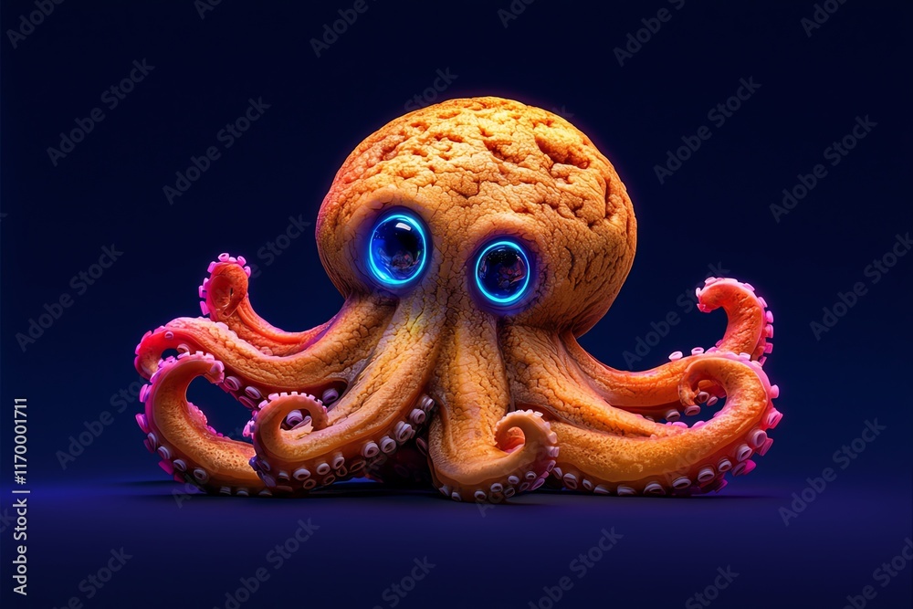Naklejka premium A whimsical, brightly colored octopus with glowing eyes, combining elements of marine life and fantasy, set against a dark background.