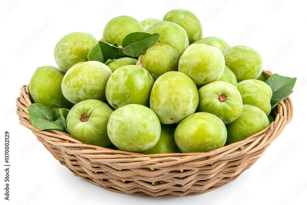 Green Plums in Basket: Fresh Fruit Green Plums in Basket: Fresh Fruit