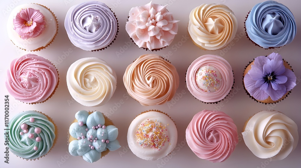 Assorted pastel cupcakes with intricate floral frosting designs Assorted pastel cupcakes with intricate floral frosting designs