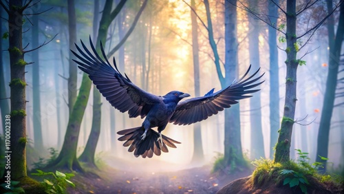 Spring Mist: Raven in Flight Seeking Food - High-Resolution Stock Photo photo