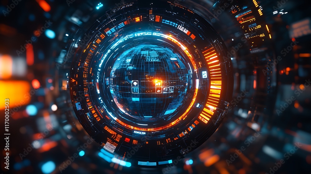 Obraz premium A radiant digital Earth encircled by a ring of international flags, glowing light trails weaving between the flags, futuristic and vibrant design with cosmic details in the backdrop,