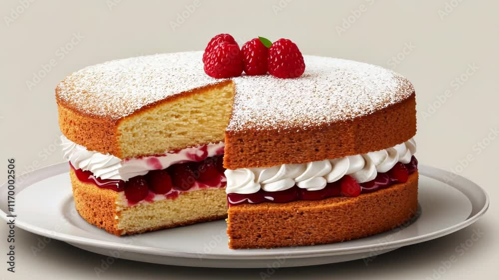A delicious cake with whipped cream and raspberry filling, topped with fresh raspberries. A delicious cake with whipped cream and raspberry filling, topped with fresh raspberries.