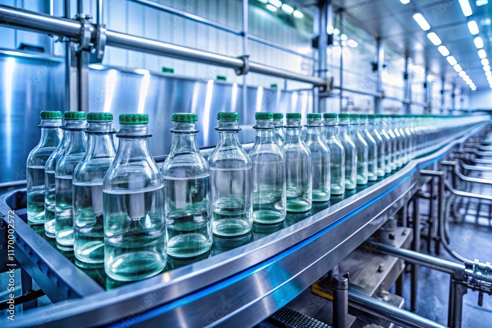 Sterile Glass Bottles on Medical Solution Conveyor Belt in Pharmaceutical Factory Sterile Glass Bottles on Medical Solution Conveyor Belt in Pharmaceutical Factory