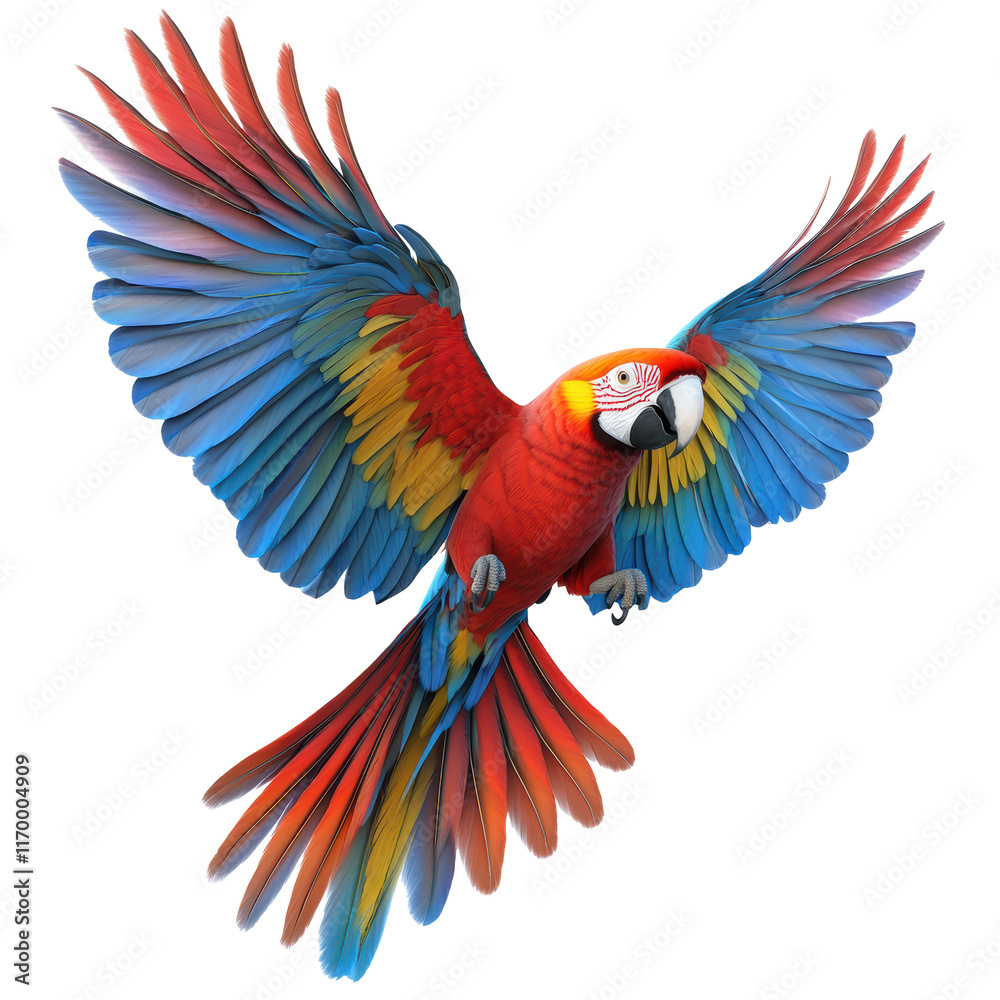 Fototapeta premium A colorful parrot is flying in the air with its wings spread wide