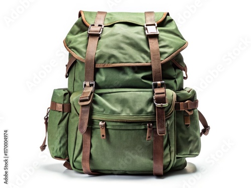 Classic green canvas backpack; ideal for travel or hiking.  Isolated on white background.  Vintage outdoor gear.