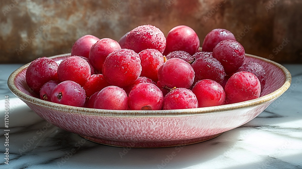 Red Plums in a Pink Bowl on Marble Red Plums in a Pink Bowl on Marble