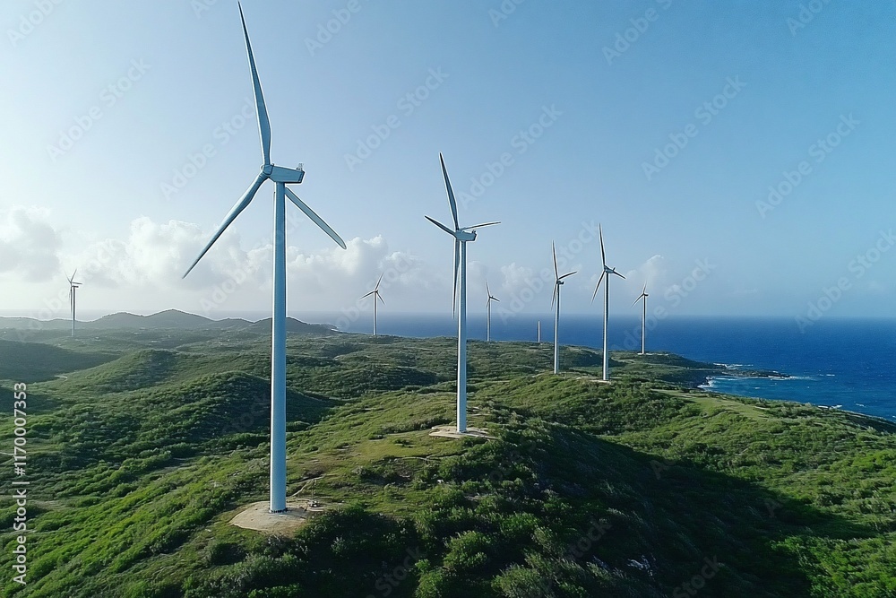 Coastal wind farm on a sunny day. Coastal wind farm on a sunny day.