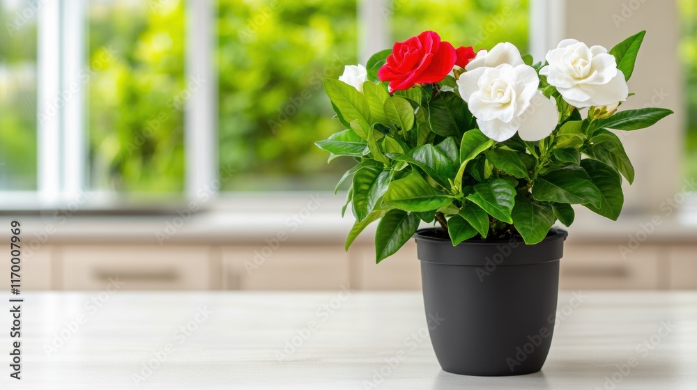 Fototapeta premium Elegant white and red roses in black pot on bright kitchen table