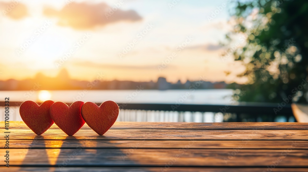 Fototapeta premium Three red hearts on a wooden table by the river during sunset, evoking love, tranquility, and romantic moments.