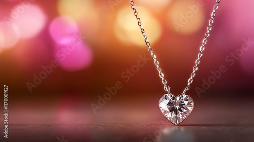 Elegant heart-shaped pendant with sparkling diamond on a blurred bokeh background, perfect for love and jewelry themes. photo