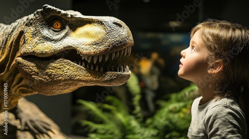 Child awestruck by museum T-Rex exhibit