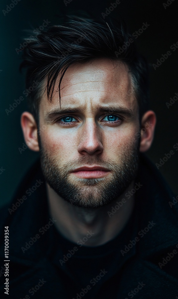 Close-up portrait of a serious young man with blue eyes and short dark hair. Close-up portrait of a serious young man with blue eyes and short dark hair.
