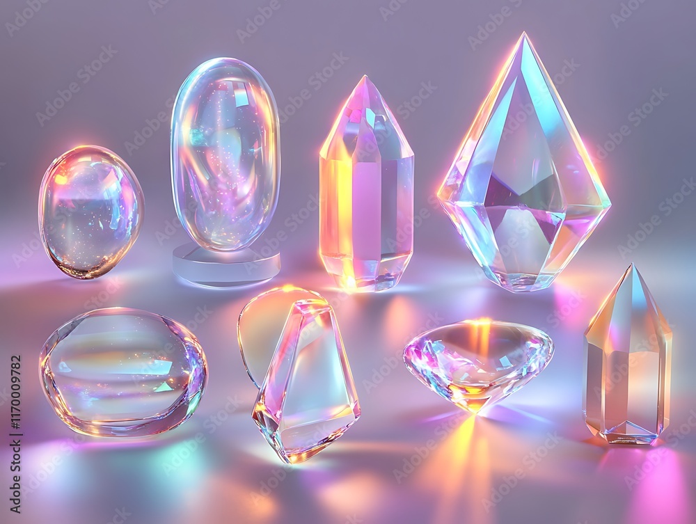 Collection of 3D Holographic Geometric Shapes with Soft Light Effects, Pastel Gradient Colors, and Glossy Surface Perfect for Abstract Artwork Collection of 3D Holographic Geometric Shapes with Soft Light Effects, Pastel Gradient Colors, and Glossy Surface Perfect for Abstract Artwork
