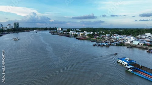 Drone Footage of Song Hau River Near Cái Răng Floating Market, Cần Thơ, Vietnam photo