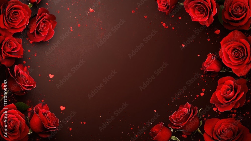 A romantic Valentine's Day design featuring vibrant red roses forming a delicate border on a smooth chocolate background, perfect for elegant themes A romantic Valentine's Day design featuring vibrant red roses forming a delicate border on a smooth chocolate background, perfect for elegant themes