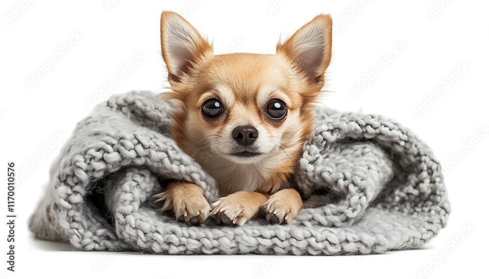 A cozy Chihuahua wrapped in a soft gray blanket, exuding warmth and comfort. A cozy Chihuahua wrapped in a soft gray blanket, exuding warmth and comfort.