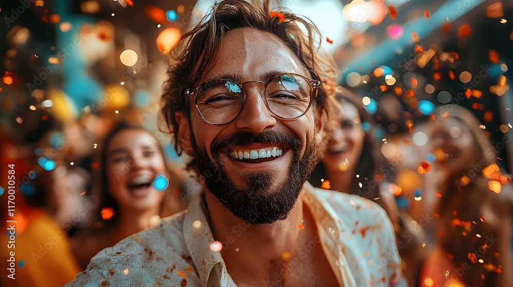 A man beams with joy surrounded by friends, confetti raining down. Pure happiness captured. A real estate agent Celebrating a successful sale A man beams with joy surrounded by friends, confetti raining down. Pure happiness captured. A real estate agent Celebrating a successful sale