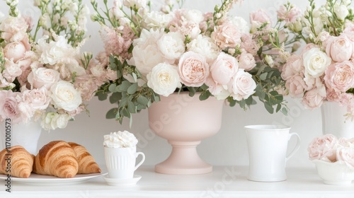 Elegant floral arrangement with peonies and roses in pastel colors, cup of coffee, and croissants