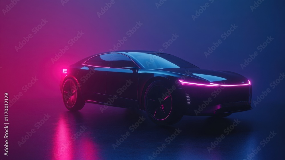 Futuristic electric vehicle concept in a modern cityscape with neon lighting and sleek aerodynamic design, showcasing e-mobility innovation and sustainability