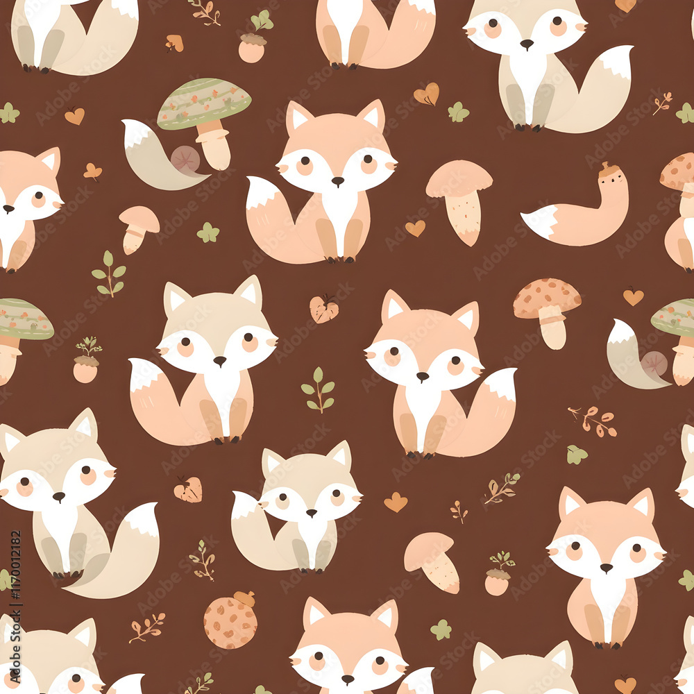 Fototapeta Seamless pattern of cute pastel foxes and forest elements like mushrooms, leaves, and acorns.