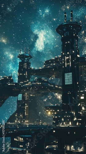 Space habitat with modular factories, glowing robotic arms assembling nanotech, holographic blueprints projected, industrial structures blending with cosmic beauty, stars and nebula backdrop photo