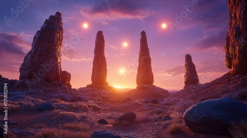 Galactic biomes thriving with alien plants and unique microorganisms illuminated by ethereal light under twin suns surrounded by floating rock formations in a nebula-filled sky