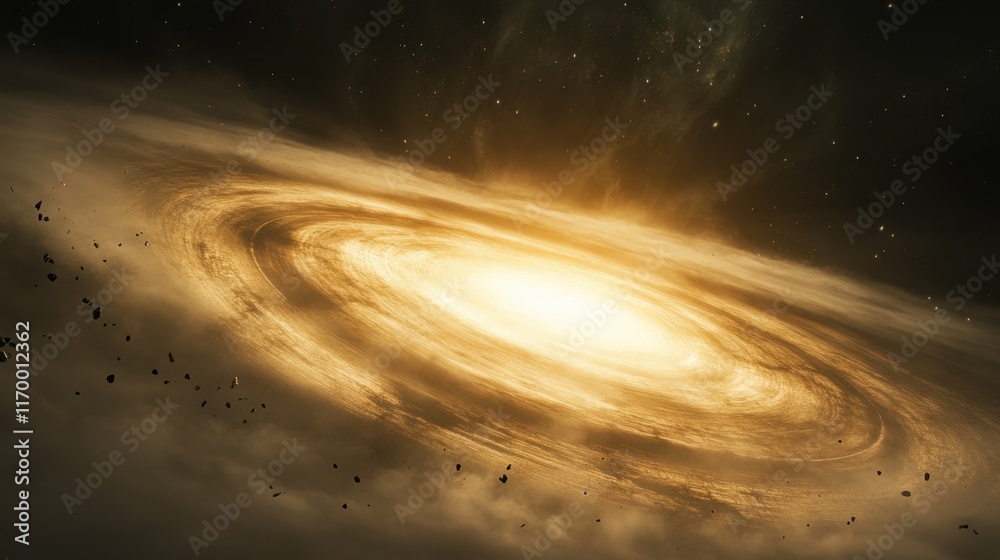 Fototapeta premium Gigantic celestial void at universe's heart, ethereal spirals of luminous gas, dynamic gravitational lensing, scattered cosmic fragments in abstract artistic composition