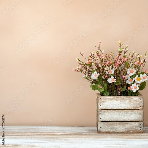 A charming wooden crate filled with flowers on the right side of the image, against a soft pastel background that promotes warmth